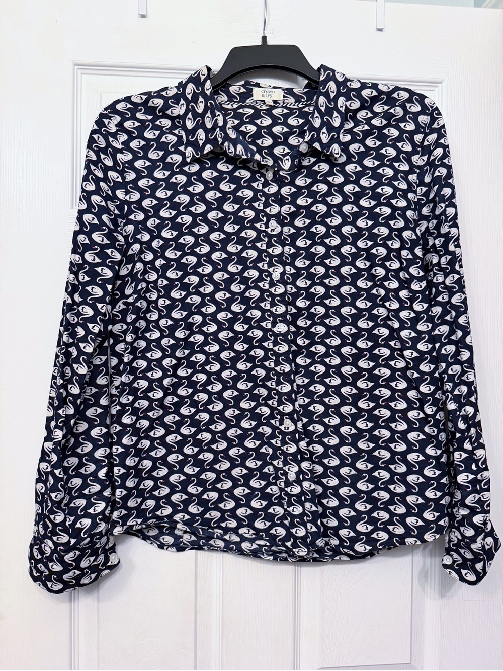 crown & ivy Navy Blouse with White Swan Print